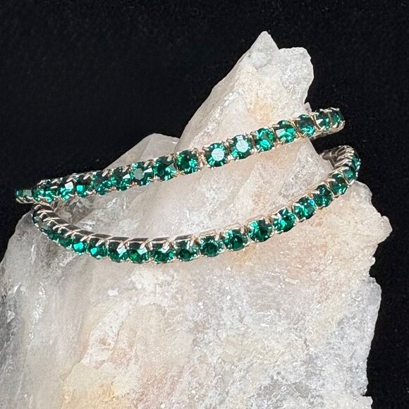 Two Vintage Stretch Rhinestone Bracelets in Emerald Green & Silver - Picture 3 of 5